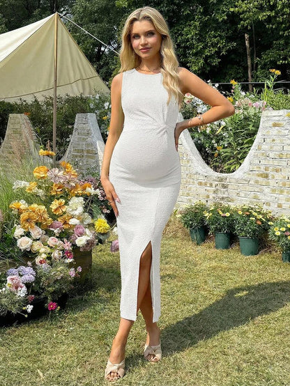 Maternity Long Twist Knot Slit Bodycon Midi Dress Red Sleeveless Round Neck Slim Fit Summer Vacation Outfits for Women
