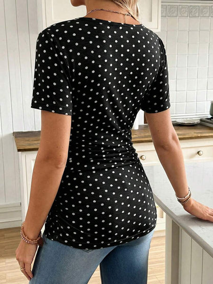 Casual Tie Front Polka Dot Maternity T-Shirt - Slim Fit V Neck Short Sleeve White Knitted Pregnancy Top for Home and Easter
