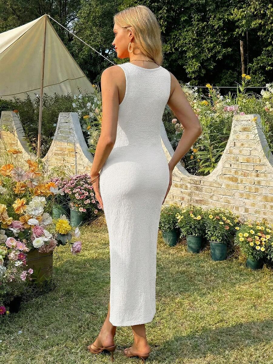 Maternity Long Twist Knot Slit Bodycon Midi Dress Red Sleeveless Round Neck Slim Fit Summer Vacation Outfits for Women