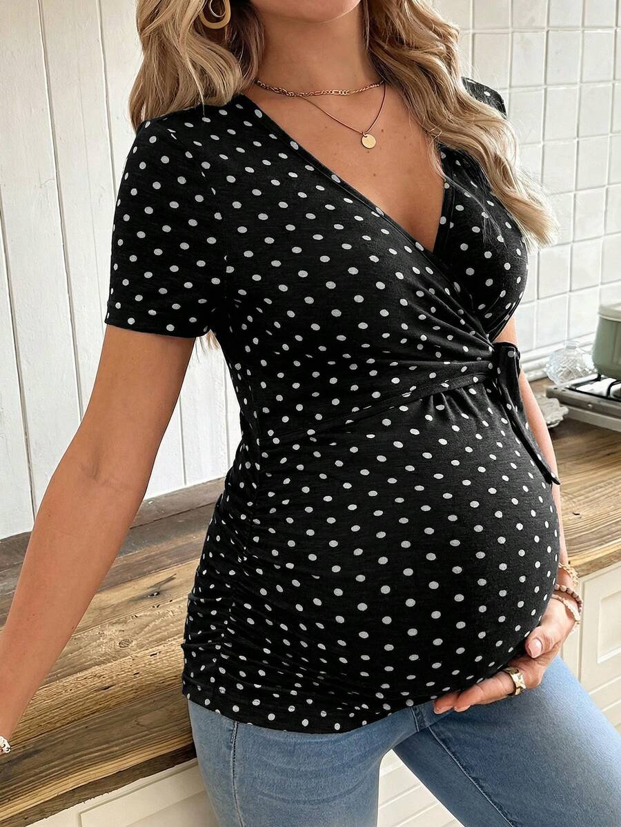Casual Tie Front Polka Dot Maternity T-Shirt - Slim Fit V Neck Short Sleeve White Knitted Pregnancy Top for Home and Easter