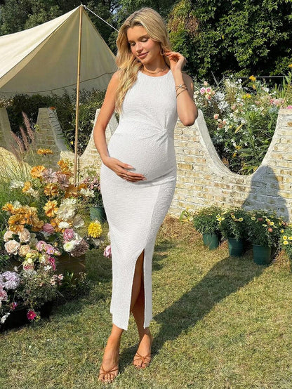 Maternity Long Twist Knot Slit Bodycon Midi Dress Red Sleeveless Round Neck Slim Fit Summer Vacation Outfits for Women