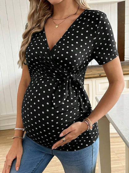 Casual Tie Front Polka Dot Maternity T-Shirt - Slim Fit V Neck Short Sleeve White Knitted Pregnancy Top for Home and Easter
