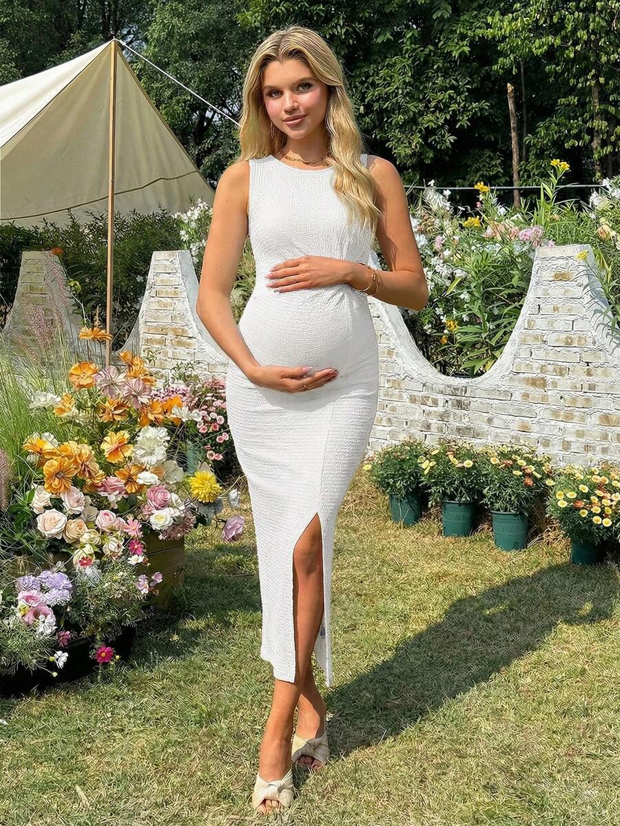 Maternity Long Twist Knot Slit Bodycon Midi Dress Red Sleeveless Round Neck Slim Fit Summer Vacation Outfits for Women