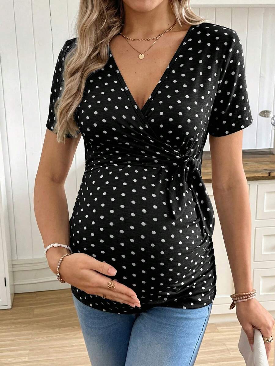 Casual Tie Front Polka Dot Maternity T-Shirt - Slim Fit V Neck Short Sleeve White Knitted Pregnancy Top for Home and Easter