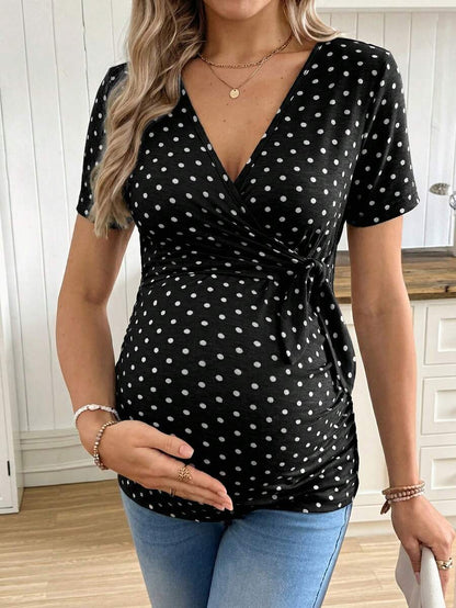 Casual Tie Front Polka Dot Maternity T-Shirt - Slim Fit V Neck Short Sleeve White Knitted Pregnancy Top for Home and Easter