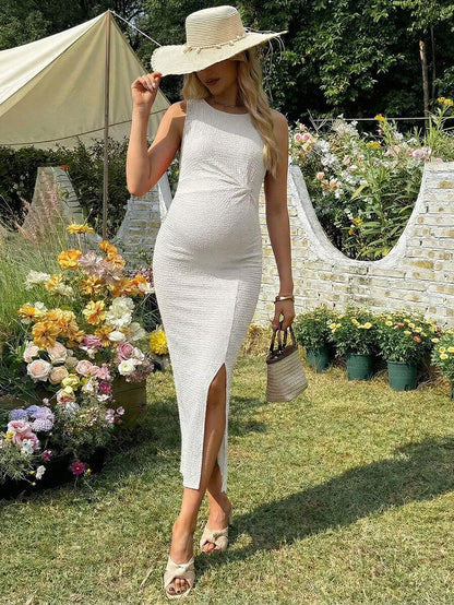 Maternity Long Twist Knot Slit Bodycon Midi Dress Red Sleeveless Round Neck Slim Fit Summer Vacation Outfits for Women