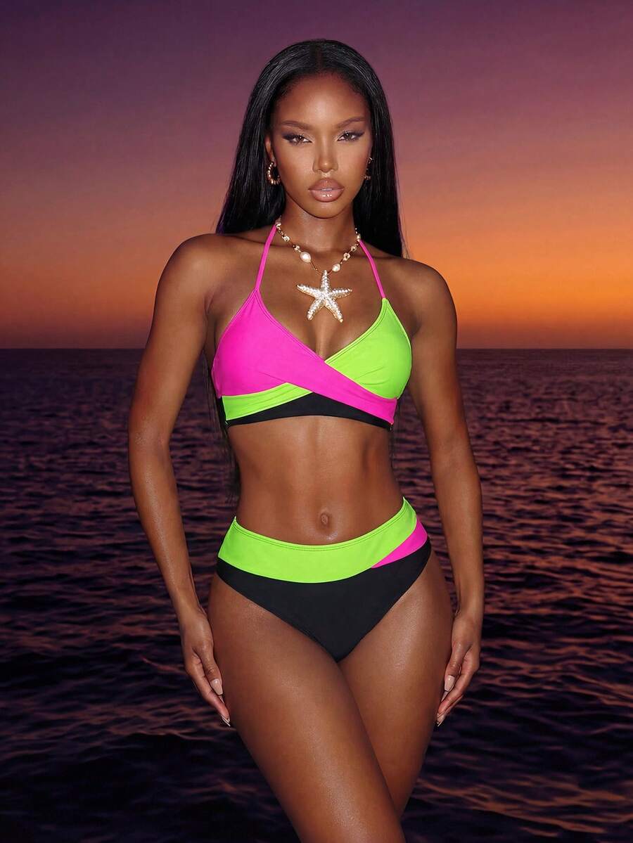 Women's 2-Piece Color-Block Bikini Set - Spaghetti Strap, Criss Cross, High Waist, Multicolor