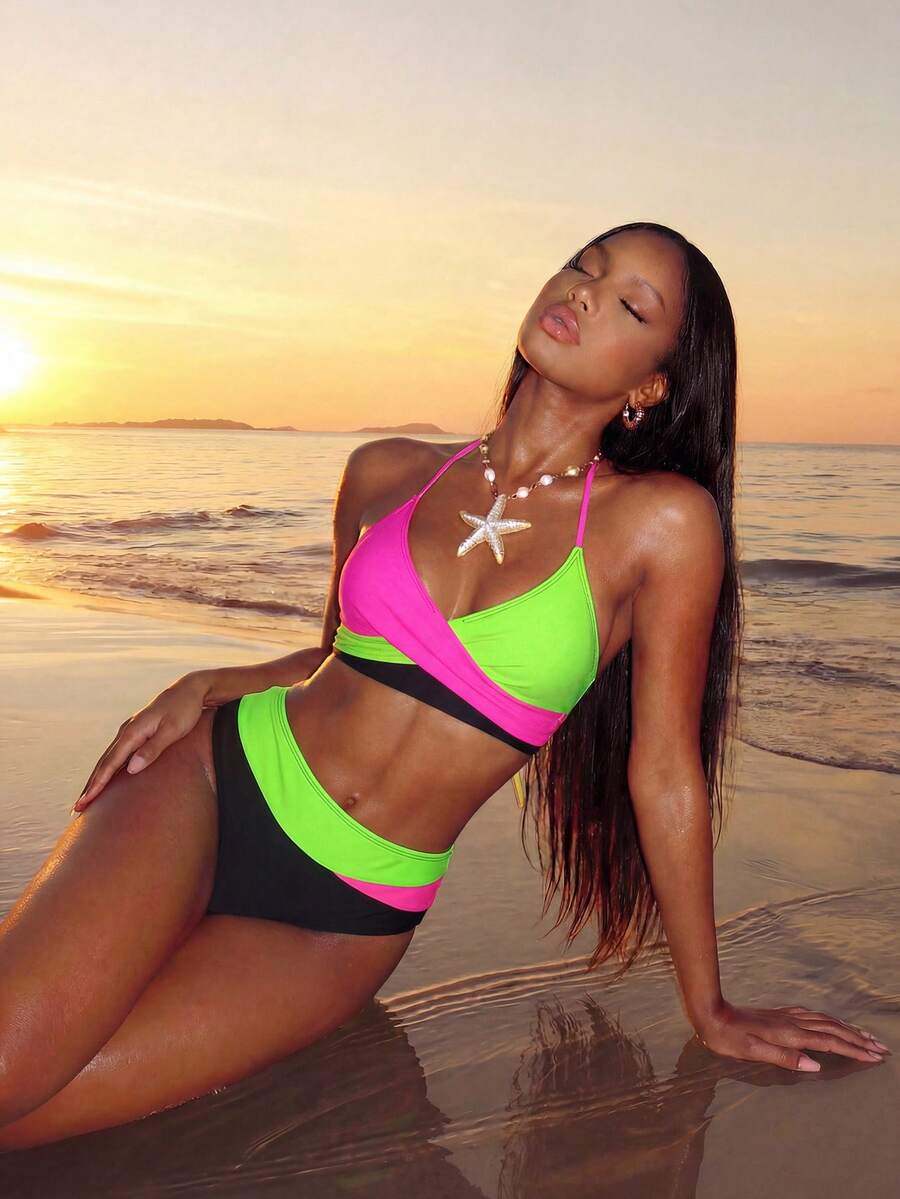 Women's 2-Piece Color-Block Bikini Set - Spaghetti Strap, Criss Cross, High Waist, Multicolor