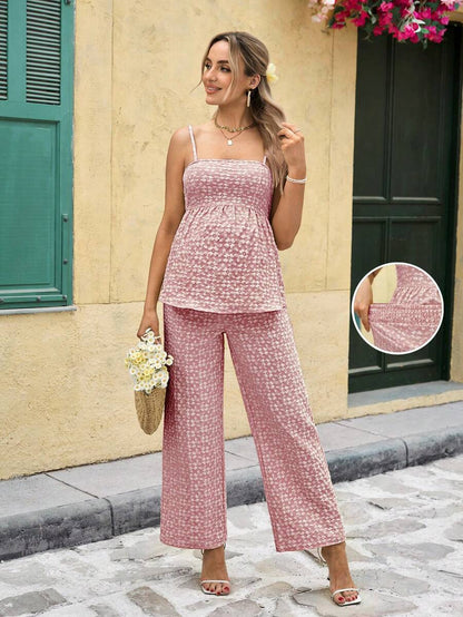 Maternity Boho Floral Camisole and Elastic Waist Pants 2 Piece Set Slim Fit Pink Ditsy Print Pregnancy Loungewear for Home
