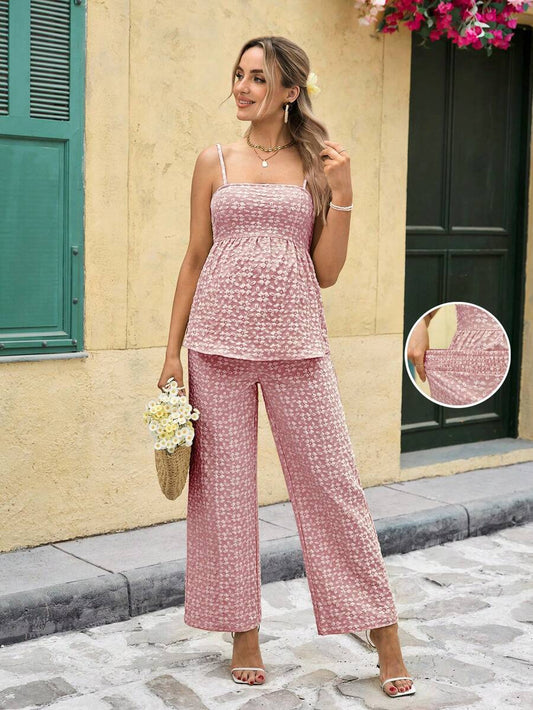 Maternity Boho Floral Camisole and Elastic Waist Pants 2 Piece Set Slim Fit Pink Ditsy Print Pregnancy Loungewear for Home
