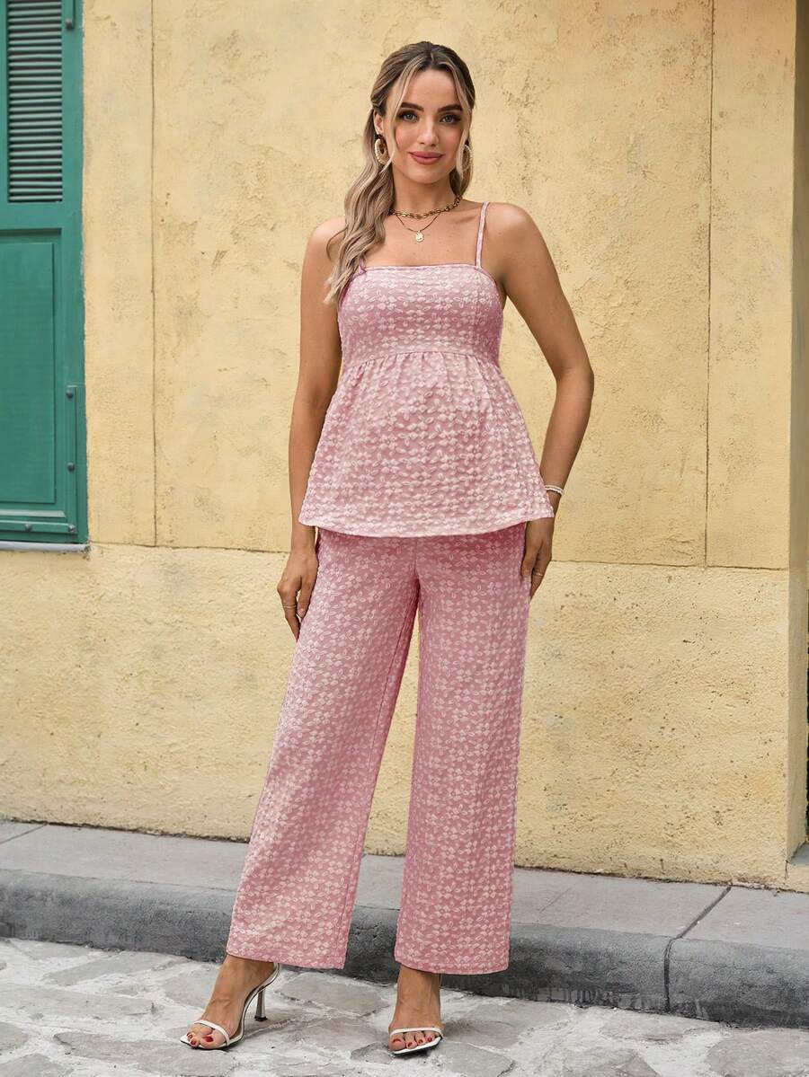 Maternity Boho Floral Camisole and Elastic Waist Pants 2 Piece Set Slim Fit Pink Ditsy Print Pregnancy Loungewear for Home