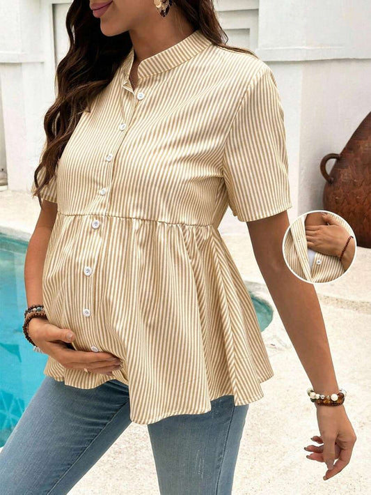 Maternity Nursing Striped Loose Dress Shirt Yellow Stand Collar Short Sleeve Button Front Top with Garterized Waist for Pregnant Women