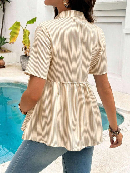 Maternity Nursing Striped Loose Dress Shirt Yellow Stand Collar Short Sleeve Button Front Top with Garterized Waist for Pregnant Women