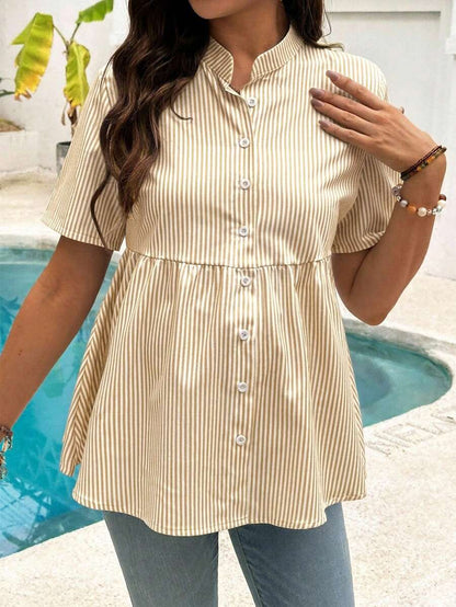 Maternity Nursing Striped Loose Dress Shirt Yellow Stand Collar Short Sleeve Button Front Top with Garterized Waist for Pregnant Women