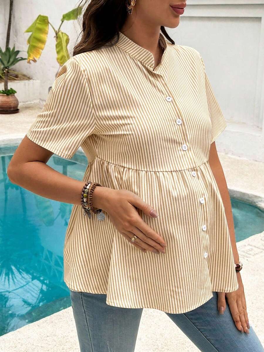 Maternity Nursing Striped Loose Dress Shirt Yellow Stand Collar Short Sleeve Button Front Top with Garterized Waist for Pregnant Women