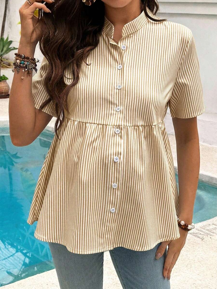 Maternity Nursing Striped Loose Dress Shirt Yellow Stand Collar Short Sleeve Button Front Top with Garterized Waist for Pregnant Women