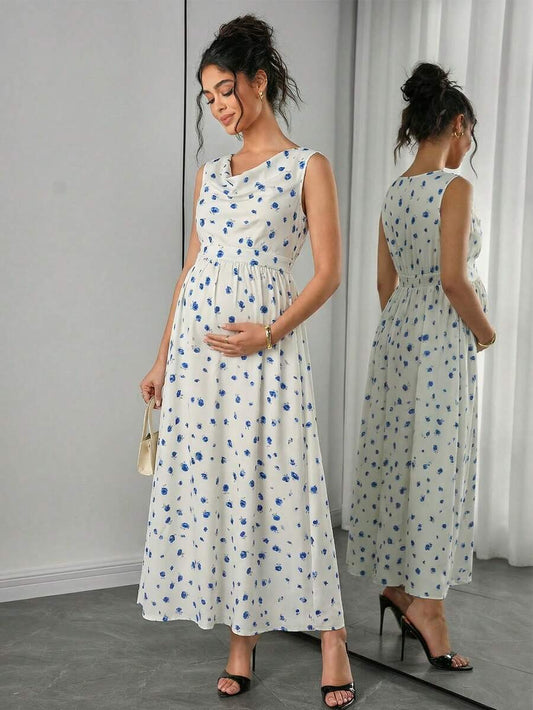 Maternity Printed A-Line Dress - Notched Neck, Sleeveless, Shirred, Flared Hem, Multicolor