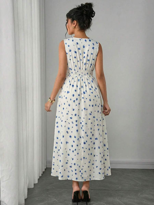 Maternity Printed A-Line Dress - Notched Neck, Sleeveless, Shirred, Flared Hem, Multicolor