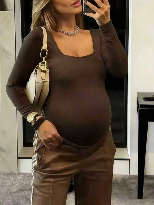 Maternity Bodysuit - Crew Neck Long Sleeve High Elasticity Casual Daily Wear, Pink