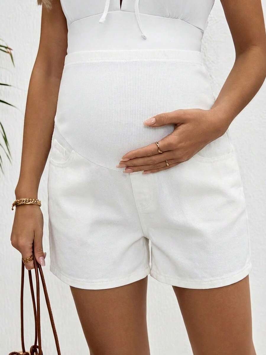 Maternity Denim Shorts - High Waist, Ribbed Patchwork, Pockets, Loose, Light Wash Blue