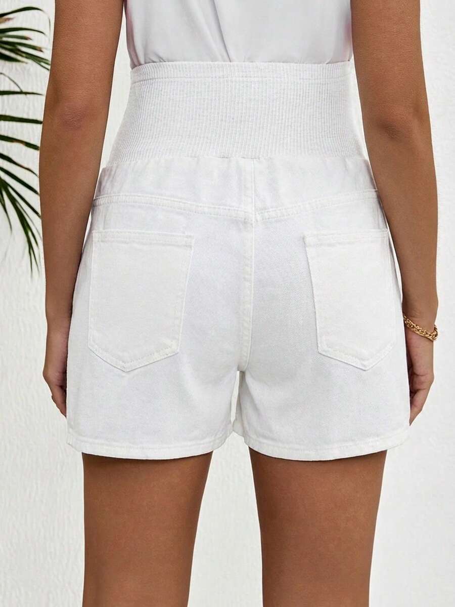 Maternity Denim Shorts - High Waist, Ribbed Patchwork, Pockets, Loose, Light Wash Blue