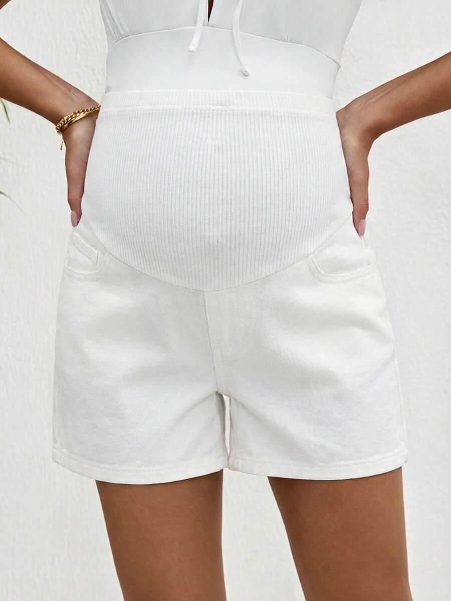Maternity Denim Shorts - High Waist, Ribbed Patchwork, Pockets, Loose, Light Wash Blue
