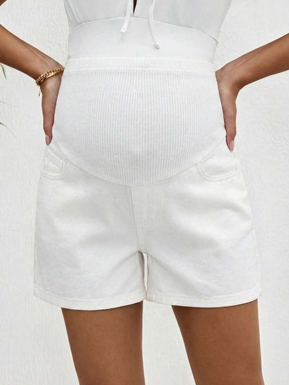 Maternity Denim Shorts - High Waist, Ribbed Patchwork, Pockets, Loose, Light Wash Blue