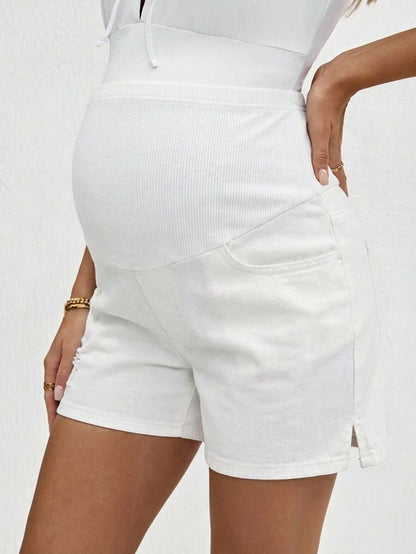 Maternity Denim Shorts - High Waist, Ribbed Patchwork, Pockets, Loose, Light Wash Blue