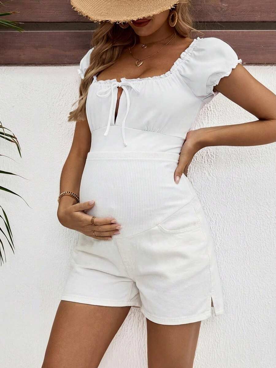 Maternity Denim Shorts - High Waist, Ribbed Patchwork, Pockets, Loose, Light Wash Blue