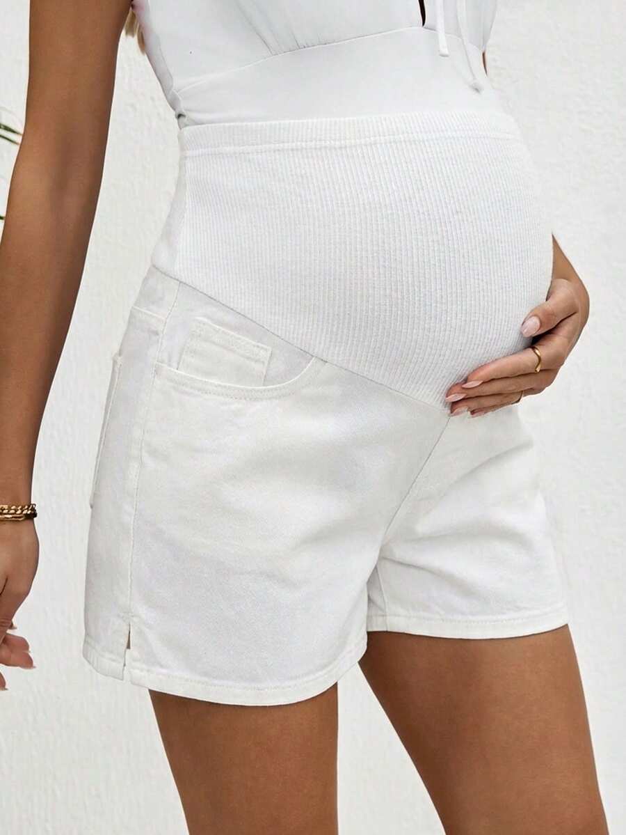 Maternity Denim Shorts - High Waist, Ribbed Patchwork, Pockets, Loose, Light Wash Blue
