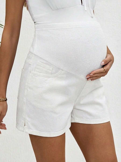 Maternity Denim Shorts - High Waist, Ribbed Patchwork, Pockets, Loose, Light Wash Blue