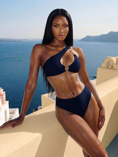 Women's Hollow-Out Monokini Bikini Set - One Shoulder, Chain Link, Asymmetrical Neck, Black