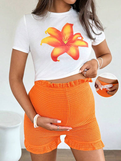 Maternity Floral Print 2 Piece Short Set White Colorblock Crop Tee and High Stretch Mini Shorts Summer Casual Beach Vacation Outfit