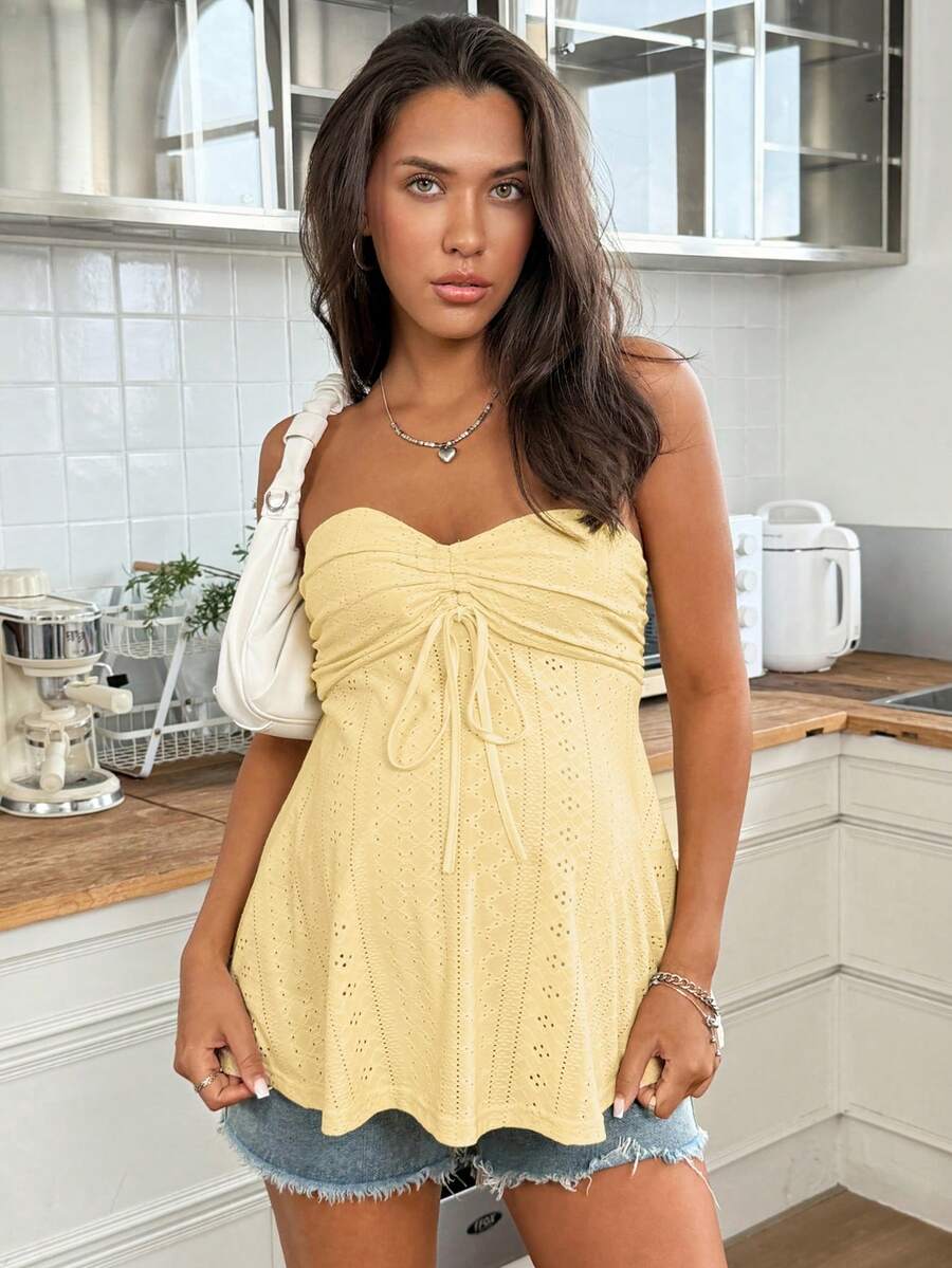 Maternity Strapless Tube Top with Bow Front Detail Boho Yellow Summer Resort Wear Outfit Slim Fit Casual Pregnancy Sun Top