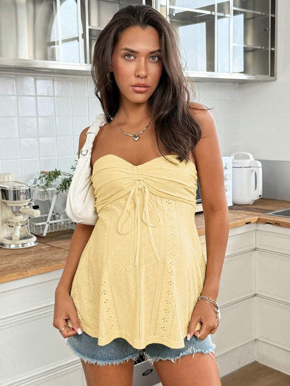 Maternity Strapless Tube Top with Bow Front Detail Boho Yellow Summer Resort Wear Outfit Slim Fit Casual Pregnancy Sun Top