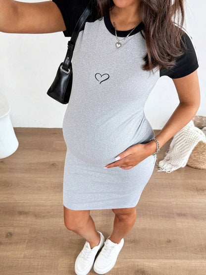 Grey Maternity Heart Embroidery Color Block Fitted Dress - Short Sleeve Boat Neck Slim Fit Sporty Mini Dress - Casual Knitted Summer Maternity Wear