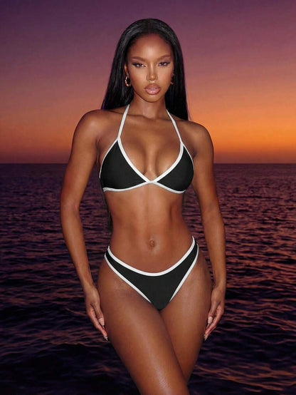 Women's Sporty Triangle Bikini Set - Contrasting Trim, Criss Cross, Spaghetti Strap, Navy Blue