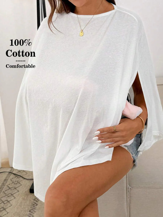 Maternity 100% Cotton Boat Neck T-Shirt - White Slim Fit Long Asymmetric Hem Sleepwear and Casual Vacation Loungewear Top
