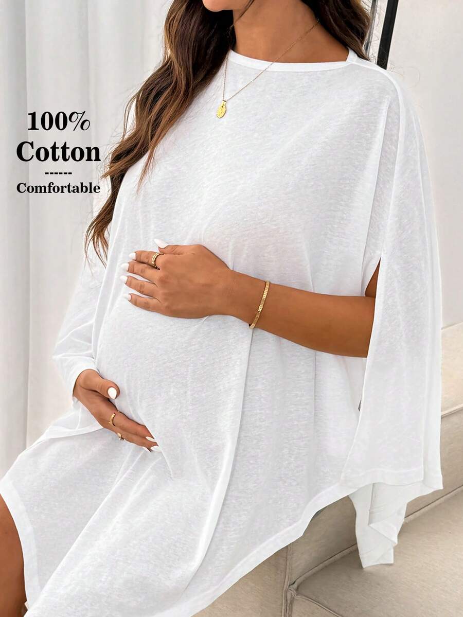 Maternity 100% Cotton Boat Neck T-Shirt - White Slim Fit Long Asymmetric Hem Sleepwear and Casual Vacation Loungewear Top