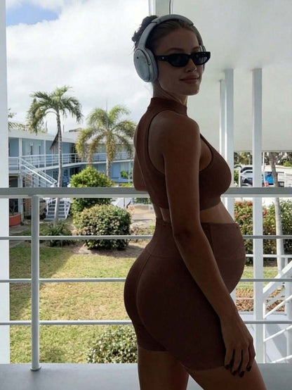 Khaki Maternity Solid Color Sports Suit - High Stretch Stand Collar Sleeveless Micro Crop Top and High Waist Shorts Set - Slim Fit Casual Two-Piece Set
