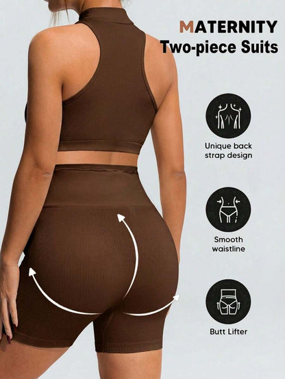 Khaki Maternity Solid Color Sports Suit - High Stretch Stand Collar Sleeveless Micro Crop Top and High Waist Shorts Set - Slim Fit Casual Two-Piece Set