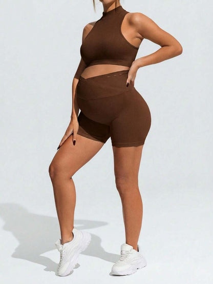 Khaki Maternity Solid Color Sports Suit - High Stretch Stand Collar Sleeveless Micro Crop Top and High Waist Shorts Set - Slim Fit Casual Two-Piece Set