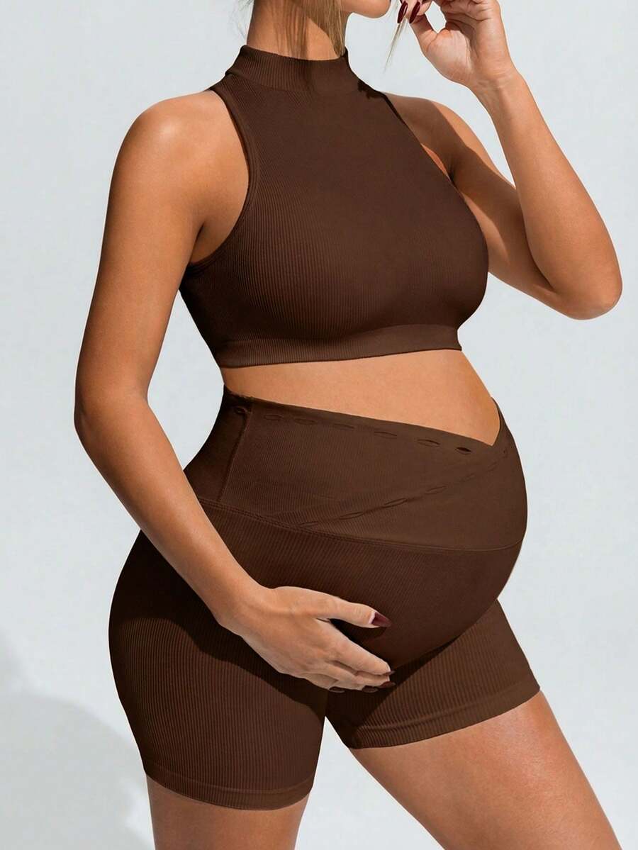 Khaki Maternity Solid Color Sports Suit - High Stretch Stand Collar Sleeveless Micro Crop Top and High Waist Shorts Set - Slim Fit Casual Two-Piece Set