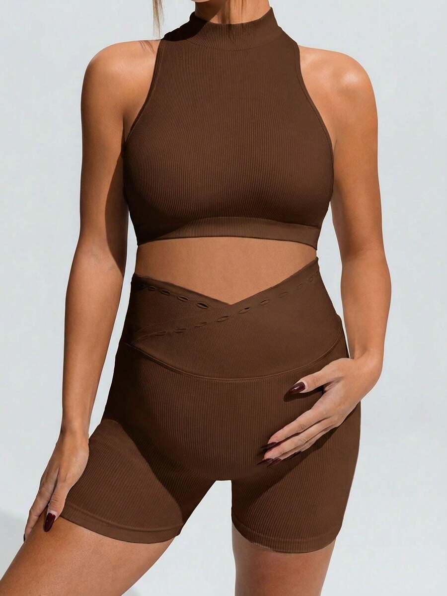 Khaki Maternity Solid Color Sports Suit - High Stretch Stand Collar Sleeveless Micro Crop Top and High Waist Shorts Set - Slim Fit Casual Two-Piece Set