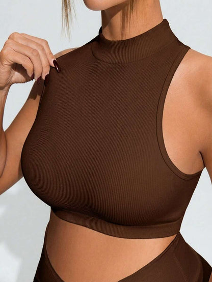 Khaki Maternity Solid Color Sports Suit - High Stretch Stand Collar Sleeveless Micro Crop Top and High Waist Shorts Set - Slim Fit Casual Two-Piece Set
