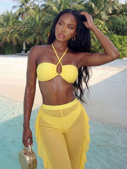 Women's 3-Piece Halter Bikini Set - Criss Cross, High Cut, Cover-Up Pants, White