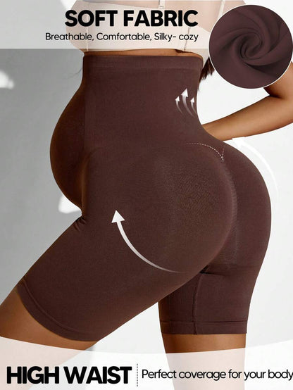 High-Waisted Maternity Belly Support Shorts, Seamless Beige Animal Print Pregnancy Shapewear, Soft Stretch Maternity Underwear
