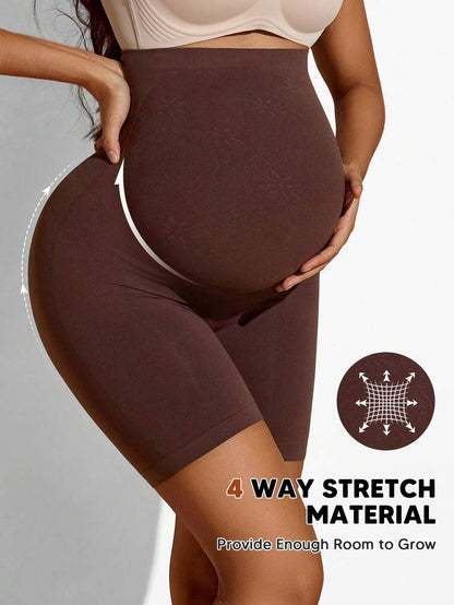 High-Waisted Maternity Belly Support Shorts, Seamless Beige Animal Print Pregnancy Shapewear, Soft Stretch Maternity Underwear