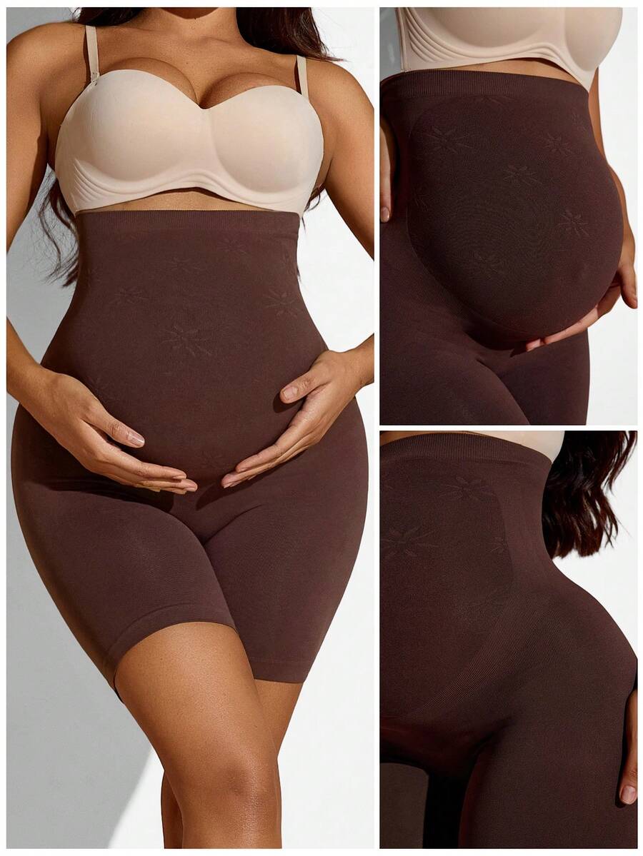 High-Waisted Maternity Belly Support Shorts, Seamless Beige Animal Print Pregnancy Shapewear, Soft Stretch Maternity Underwear