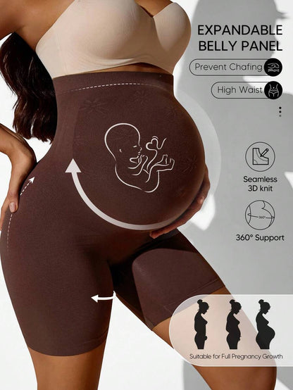 High-Waisted Maternity Belly Support Shorts, Seamless Beige Animal Print Pregnancy Shapewear, Soft Stretch Maternity Underwear